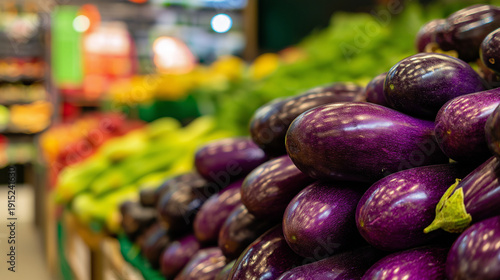 Fresh purple eggplants stacked for sale in a vibrant grocery store produce section, highlighting healthy eating, organic food, and shopping for vegetables, copy space