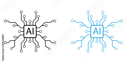 Artificial intelligence icon, sign, logo in the circuit line style. AI processor vector icon flat design. Motherboard digital chip AI. Machine learning design
