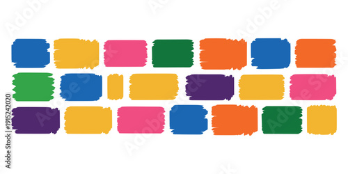 Colorful brush stroke rectangles in blue, yellow, pink, green, orange, purple on white background brush strokes
