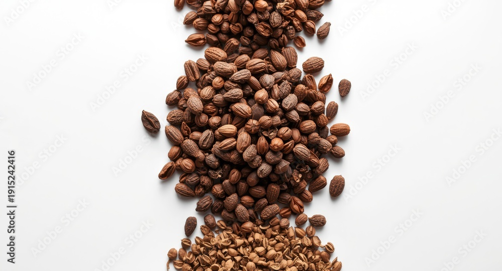 Obraz premium Assorted Sichuan pepper seed piles with clear texture and size differences displayed on a white background