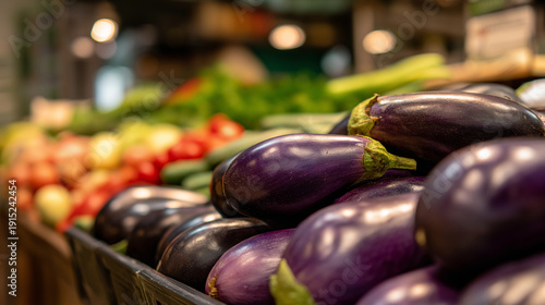 Fresh purple eggplants carefully arranged on a market stall, showcasing a vibrant display of organic vegetables and healthy produce in a grocery store setting, copy space