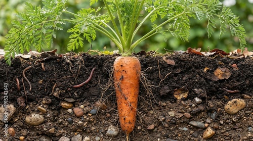 Freshly harvested carrot with green leaves in soil