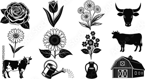 Black Vector Silhouettes of Farm Animals Flowers and Barn Including Cows Sunflower Rose and Watering Can for Agricultural Branding and Rural Nature Graphic Design Projects