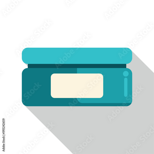 Skincare cream jar with a label in a flat design style, casting a long shadow