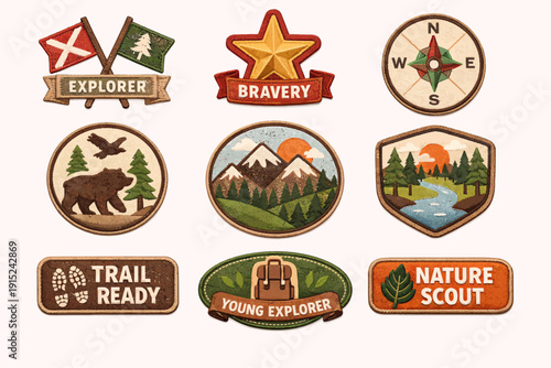 A collection of vintage-style scout and explorer badges featuring nature, wildlife, mountains, and adventure themes.