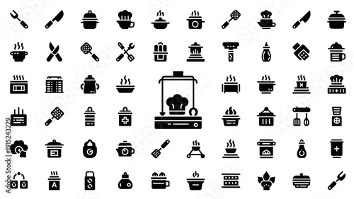 Cooking Icons Set: Chef Hat, Pots, Utensils, Grill, Food, Kitchen Equipment