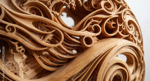 Wooden sculpture close view featuring intricate swirling wave carvings inspired by natural landscapes