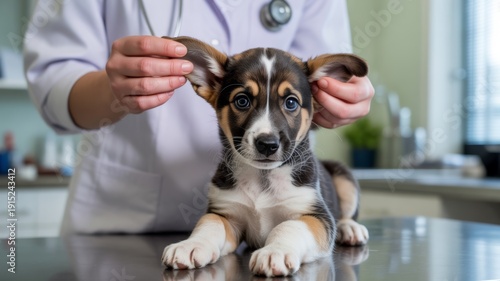 Minimalist clinical frame showing a veterinarian examining a puppy with balanced geometry and cool tones, shaping a precise veterinary environment.