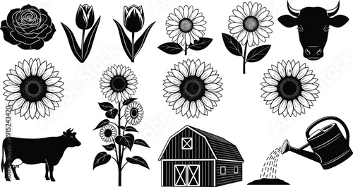 Black Vector Silhouettes of Farm Elements Including Cows Sunflowers Roses Tulips a Barn and Watering Can for Rural Agriculture and Nature Garden Design Projects