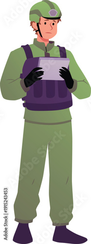 Military engineer, soldier operating UAV system with real-time data monitoring, defense and aerial surveillance missions