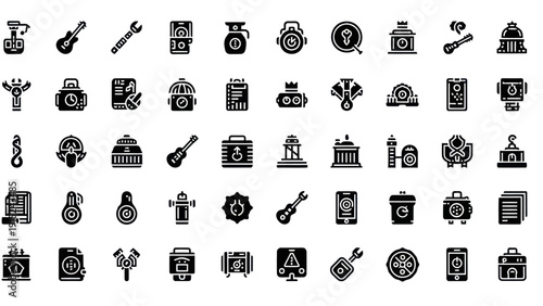 Diverse Black Icons Set: Tools, Technology, Security, and Buildings