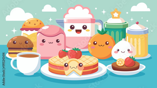 Cute Kawaii Breakfast Food Characters Vector – Cartoon Pancake, Burger and Drinks Illustration