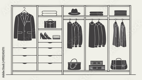 Luxury Wardrobe Closet Vector Illustration – Minimal Black and White Interior Design