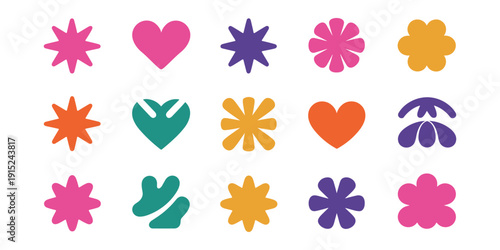 Colorful flower and heart shapes on white background pink purple orange yellow green