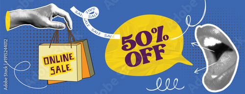 Retro vintage pop art, comic style halftone Collage sale horizontal banner with retro style elements and halftone dots advertising online sale discount for social media cover header design