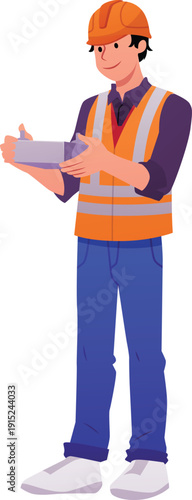 Drone operator using UAV remote control, vector flat engineer in orange helmet vest, Unmanned aerial vehicle operator