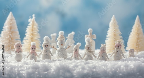Variety of diminutive snow characters in snowy environment
