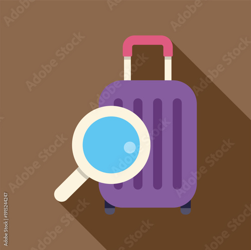 Magnifying glass inspecting a purple suitcase, representing baggage search and travel inspection