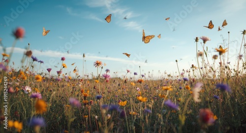 Peaceful landscape where colorful wildflowers bloom and butterflies hover under a crisp blue sky