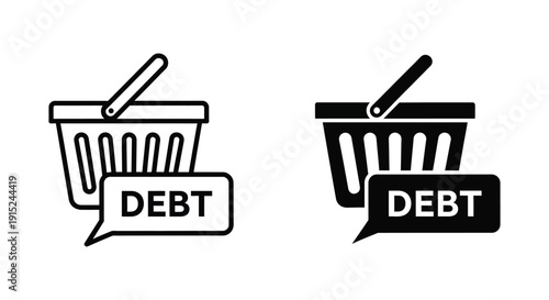 Shopping Cart with Debt Speech Bubble Icon Set in Simple Line and Solid Style