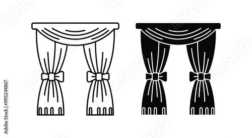 Elegant stage curtains illustration with tiebacks in black and white on white background