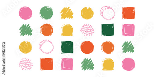 Colorful geometric shapes with brush strokes circles in white background