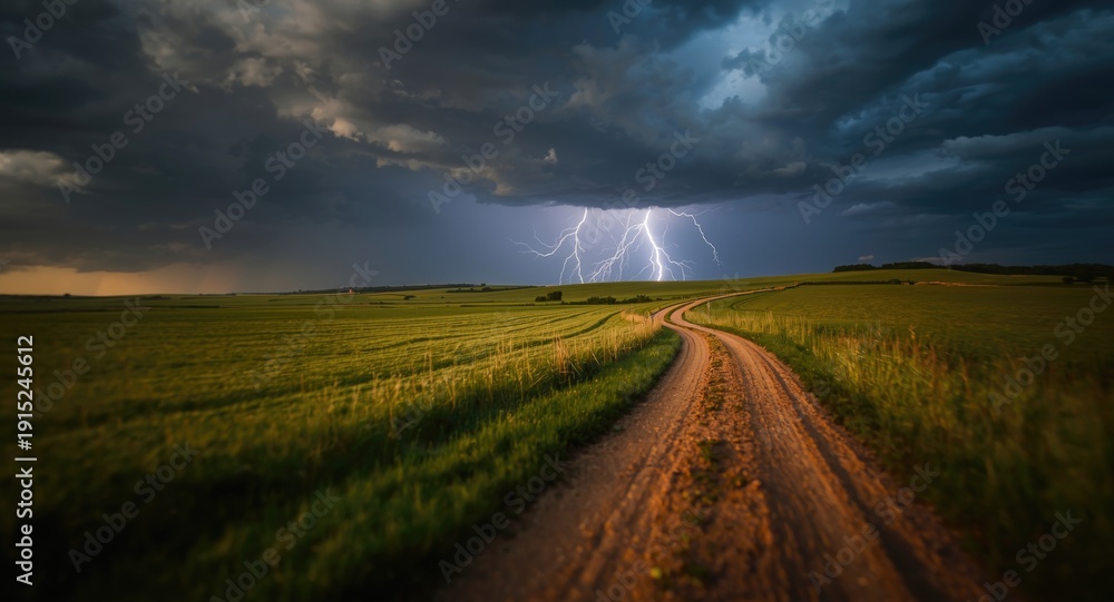 Fototapeta premium Stormy lightning bolts light up a countryside dirt path with fields