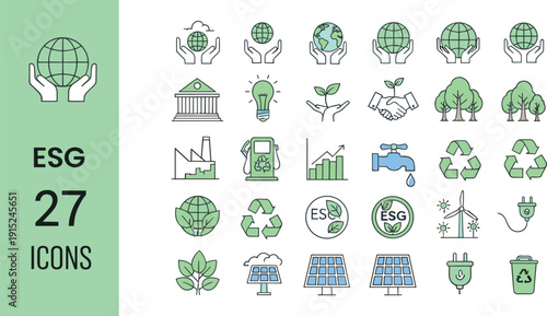 ESG sustainability flat icons set featuring environmental governance, renewable energy, green business practices, recycling symbols, climate responsibility, and corporate social impact concepts