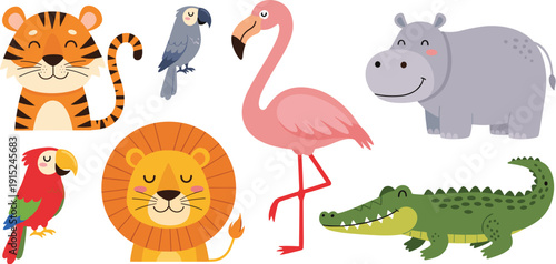 Cute cartoon wild animal head and character set featuring lion tiger hippo flamingo crocodile and exotic parrots isolated on white background