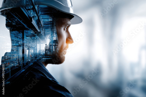 Engineer silhouette double exposure factory industry technology helmet worker man profile engineering industrial construction safety hardhat machinery plant mechanic automation production