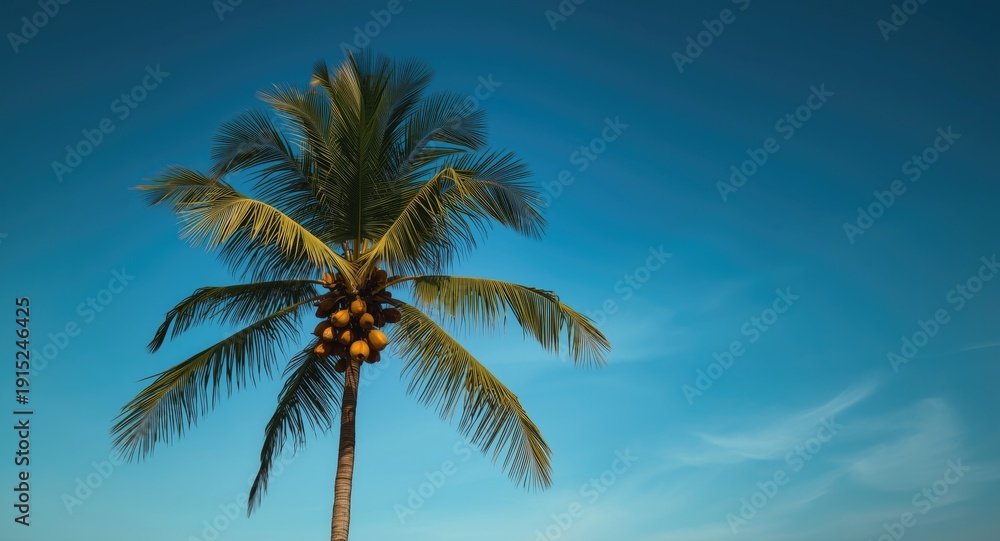 Fototapeta premium Lush coconut palm tree with ripe coconuts highlighted by a cloudless deep blue sky