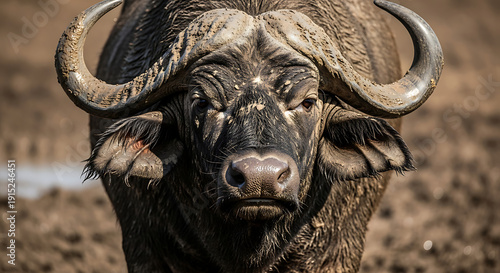 Cape Buffalo with Large Horns Facing the Camera in a Muddy Field