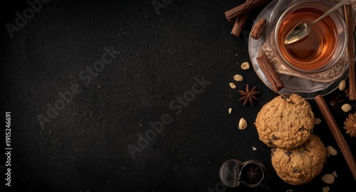 Flat lay of tea cup, spoon, and oatmeal cookies surrounded by spices on black background with text space