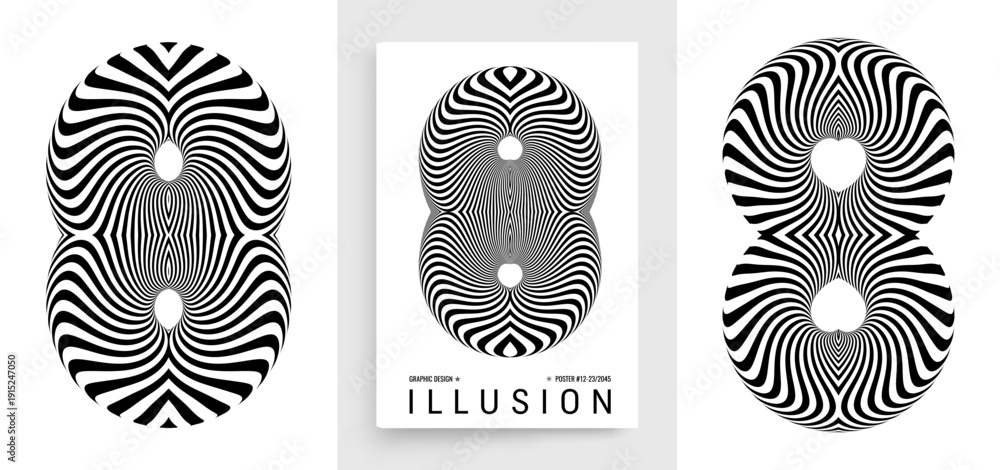 Obraz premium Black and white design. Optical illusion. Abstract striped form. Copy space. Hardcover book layout. Number 8. Cover design template. Vector for brochure, planner, diary, notebook or notepad.