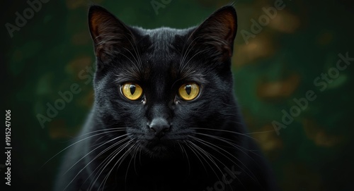 Black cat with hypnotic yellow eyes positioned on a serene green Halloween background with text area