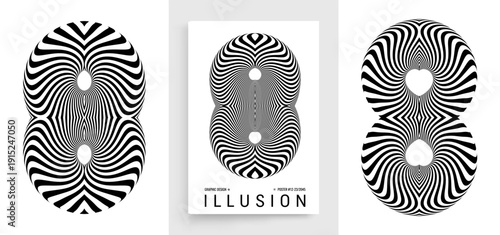 Black and white design. Optical illusion. Abstract striped form. Copy space. Hardcover book layout. Number 8. Cover design template. Vector for brochure, planner, diary, notebook or notepad.