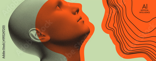 Visual contact. The concept of rivalry. Two opponents facing each other. Conflict. A digital human head made of lines and dots. Artificial intelligence concept. 3d vector for design.