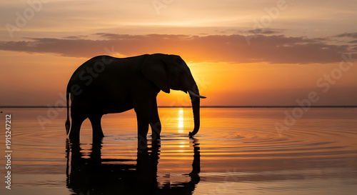 Serene elephant standing in calm waters at golden sunset viewed from behind