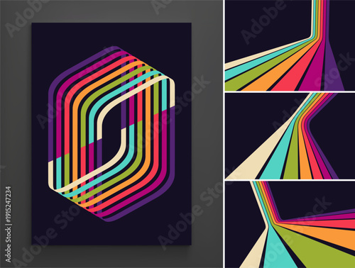 Impossible rectangular figure or optical illusion. A steep descent or climb on a racing track. A retro 1970s-style background. Colorful lines. Dynamic ribbons. Vector illustration for design.