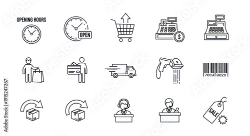 Retail and E-commerce Icons Set: Shopping, Delivery, Sale, and Service
