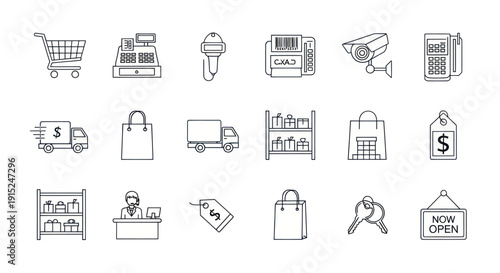 Retail Business Icons: Shopping Cart, Cash Register, Security, Delivery, Tags & More