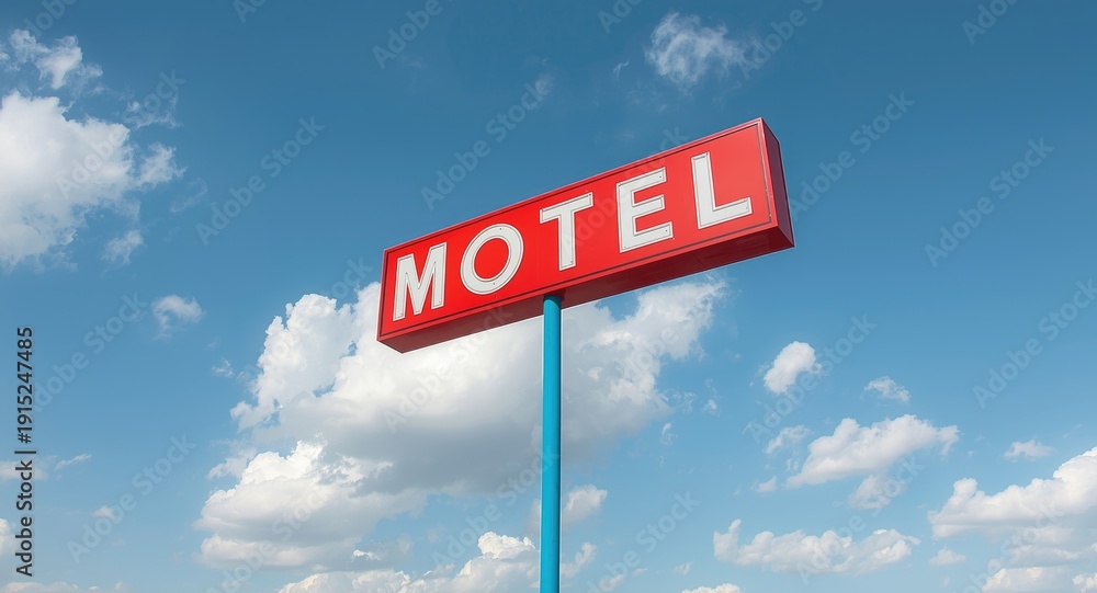 Fototapeta premium Vivid red motel sign in rectangular form standing on a bright blue pole under a sky scattered with white clouds