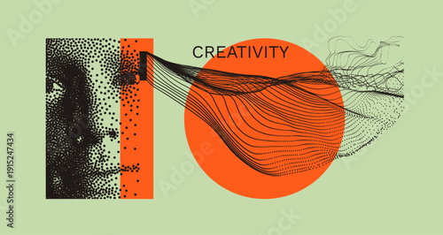 Digital vision. Network forming AI human face. Stipple effect. Discovery, studying and learning concept. Time to think. Man scientist thinking. Stream of consciousness. Idea generation. Vector.