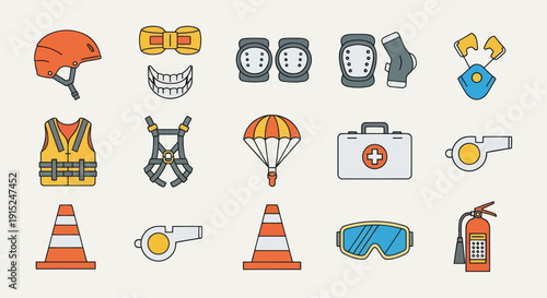 Safety Gear and Equipment Icons Set - Protection, First Aid, Prevention