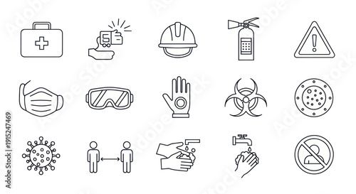 Safety Icons: First Aid, Mask, Hard Hat, Fire Extinguisher, Virus, Social Distancing