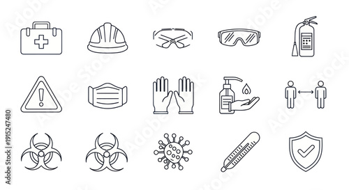 Safety Icons: First Aid, PPE, Virus Protection, Fire Extinguisher, Thermometer