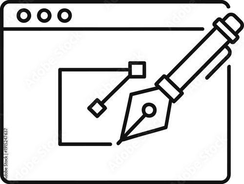 Simple line icon of a pen nib editing a digital document on a computer screen.