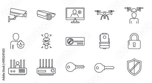 Security Icons: Surveillance Camera, Drone, Lock, Network Router, Shield