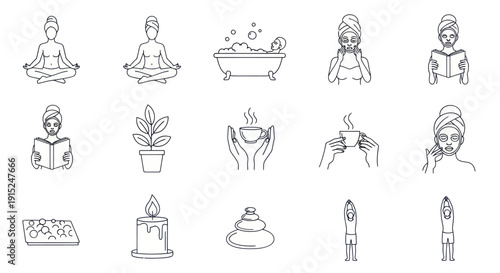 Self Care Icons: Meditation, Bathing, Reading, Tea, Plants, Candle, Spa Stones
