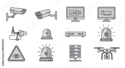 Security System Icons: Cameras, Monitors, Drone, DVR, NVR, Siren, Surveillance